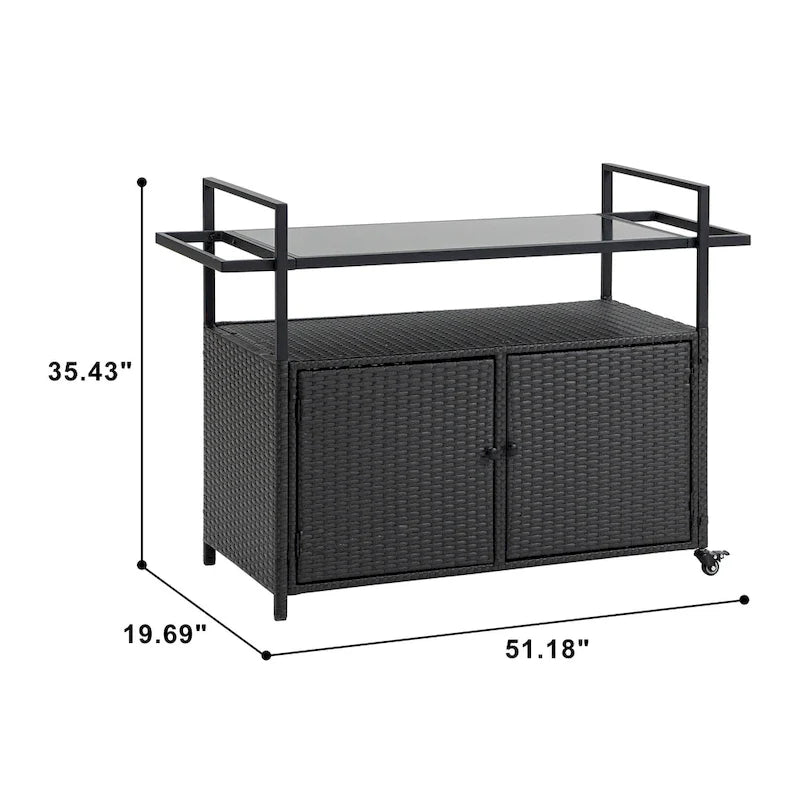 Chariot de bar roulant d'extérieur en rotin marron clair avec plateau en verre trempé et étagère de rangement – Simple