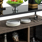 Chariot de bar roulant d'extérieur en rotin marron clair avec plateau en verre trempé et étagère de rangement – Simple