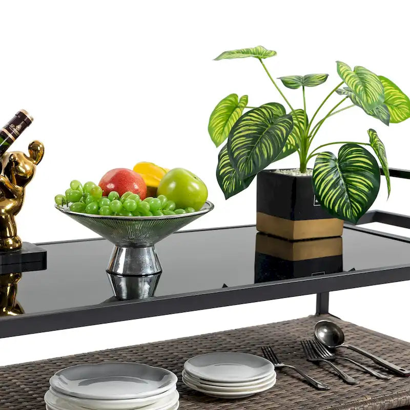 Chariot de bar roulant d'extérieur en rotin marron clair avec plateau en verre trempé et étagère de rangement – Simple