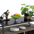 Chariot de bar roulant d'extérieur en rotin marron clair avec plateau en verre trempé et étagère de rangement – Simple