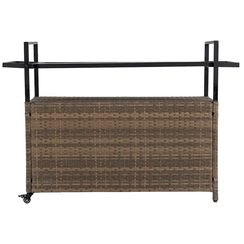 Chariot de bar roulant d'extérieur en rotin marron clair avec plateau en verre trempé et étagère de rangement – Simple