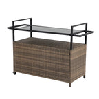 Chariot de bar roulant d'extérieur en rotin marron clair avec plateau en verre trempé et étagère de rangement – Simple