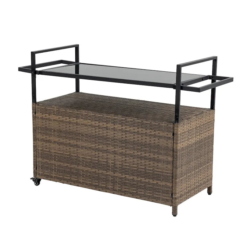 Chariot de bar roulant d'extérieur en rotin marron clair avec plateau en verre trempé et étagère de rangement – Simple