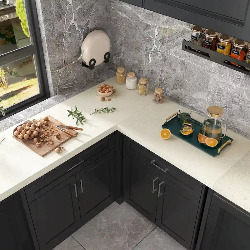 Meuble de cuisine d'angle en L noir avec tiroirs, étagères réglables et plan de travail UV – Individuel