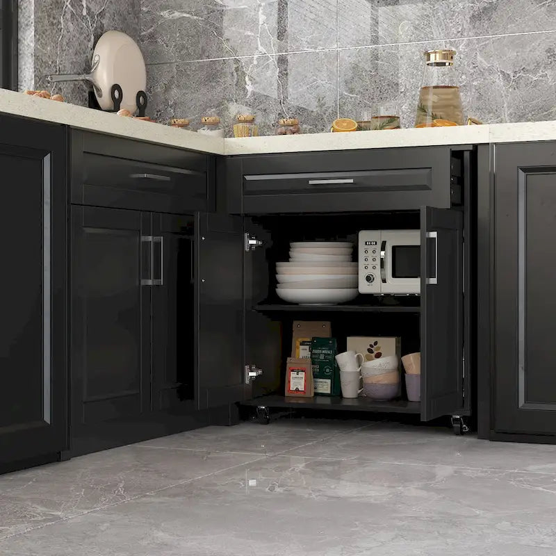 Meuble de cuisine d'angle en L noir avec tiroirs, étagères réglables et plan de travail UV – Individuel