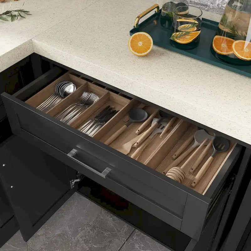 Meuble de cuisine d'angle en L noir avec tiroirs, étagères réglables et plan de travail UV – Individuel