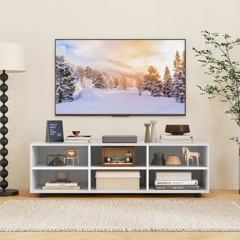 Meuble TV 6 cases blanc avec 3 étagères réglables – Convient aux téléviseurs jusqu'à 50 pouces