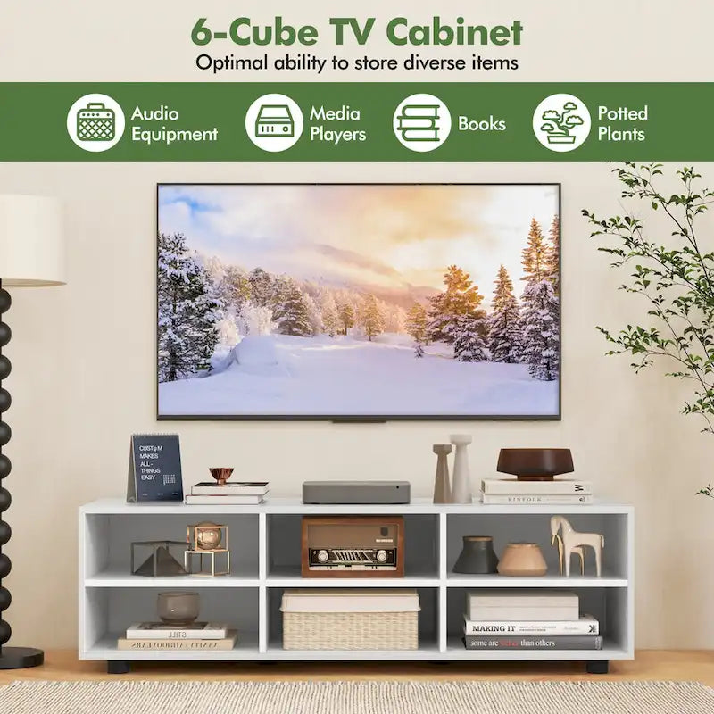 Meuble TV 6 cases blanc avec 3 étagères réglables – Convient aux téléviseurs jusqu'à 50 pouces