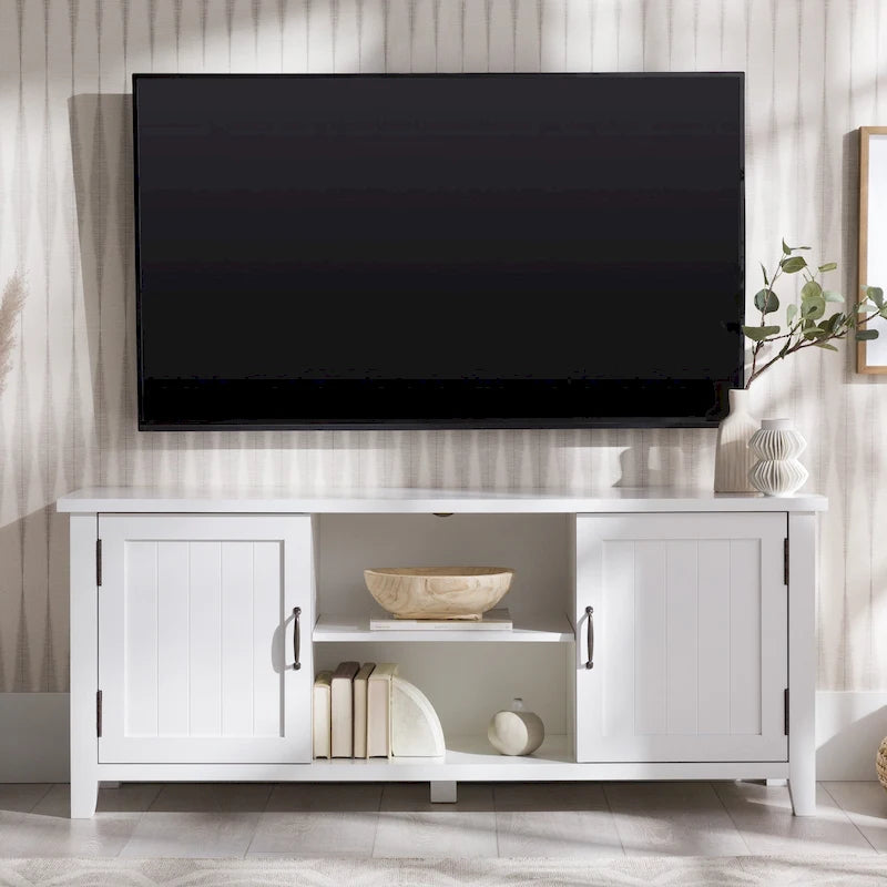 Meuble TV à porte rainurée 58 po en chêne rustique / chêne blanc / finition gris délavé / noyer foncé / blanc massif – Convient aux téléviseurs jusqu'à 64 po