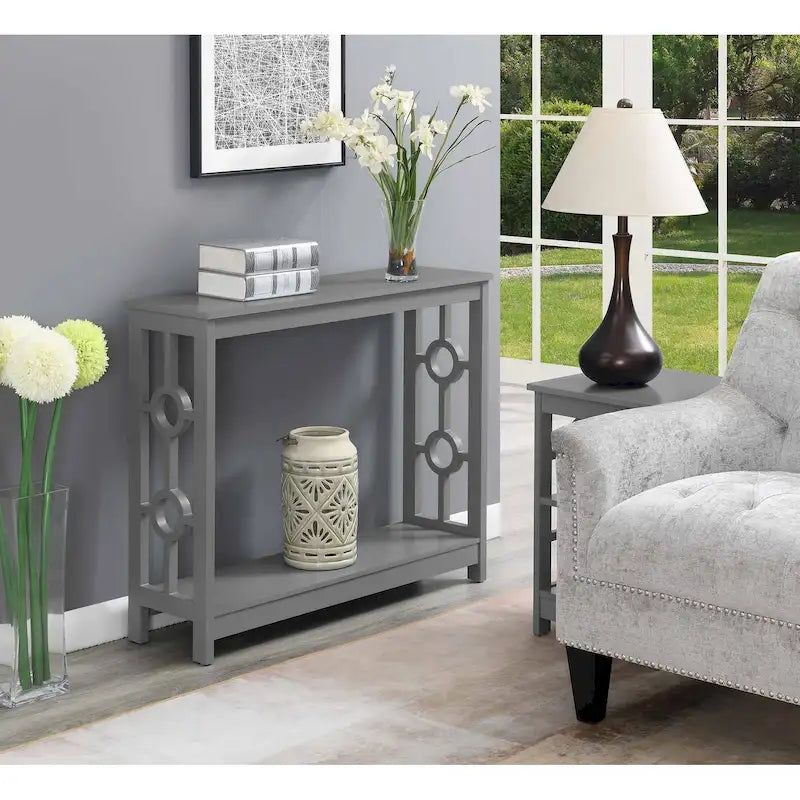 Console 2 plateaux gris/blanc/noir avec cadre latéral en anneau et étagère – Simple