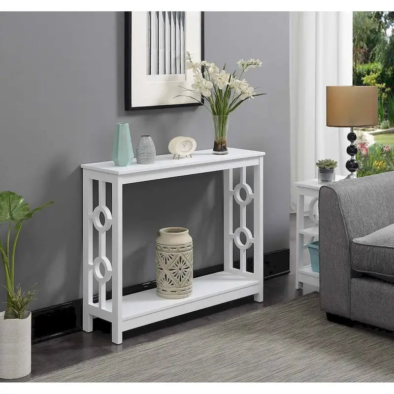Console 2 plateaux gris/blanc/noir avec cadre latéral en anneau et étagère – Simple