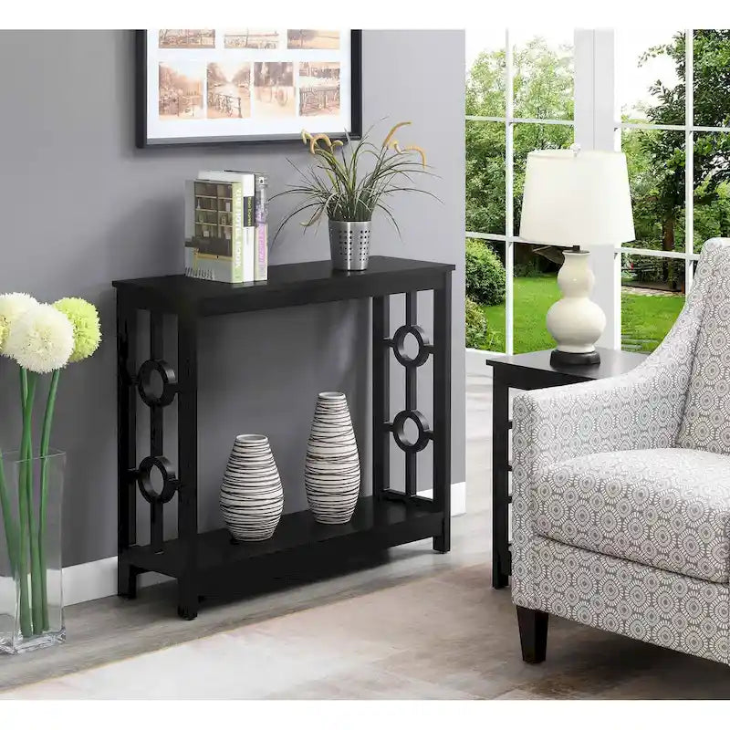 Console 2 plateaux gris/blanc/noir avec cadre latéral en anneau et étagère – Simple