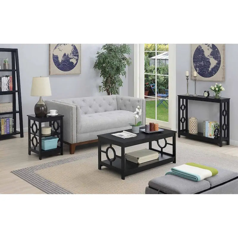 Console 2 plateaux gris/blanc/noir avec cadre latéral en anneau et étagère – Simple