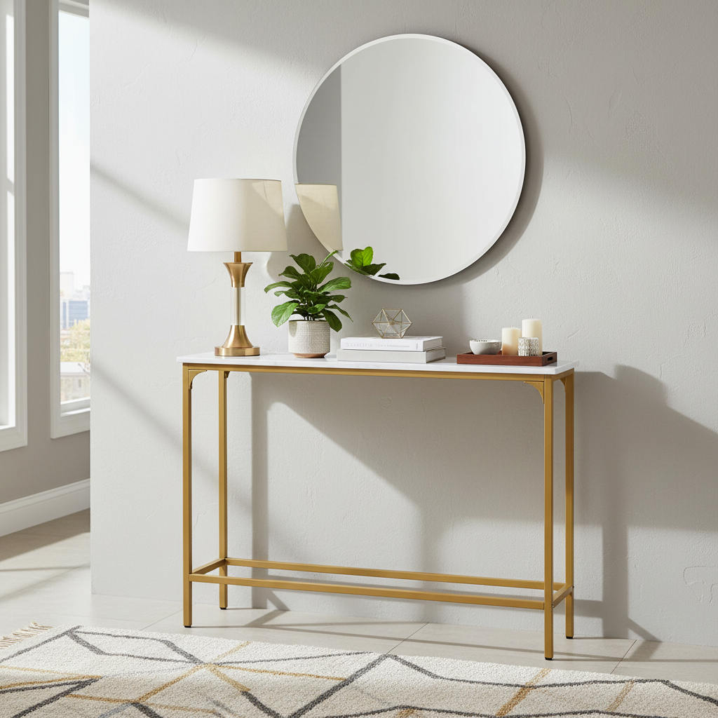 Console étroite blanche et dorée avec plateau en MDF et structure en métal – Simple