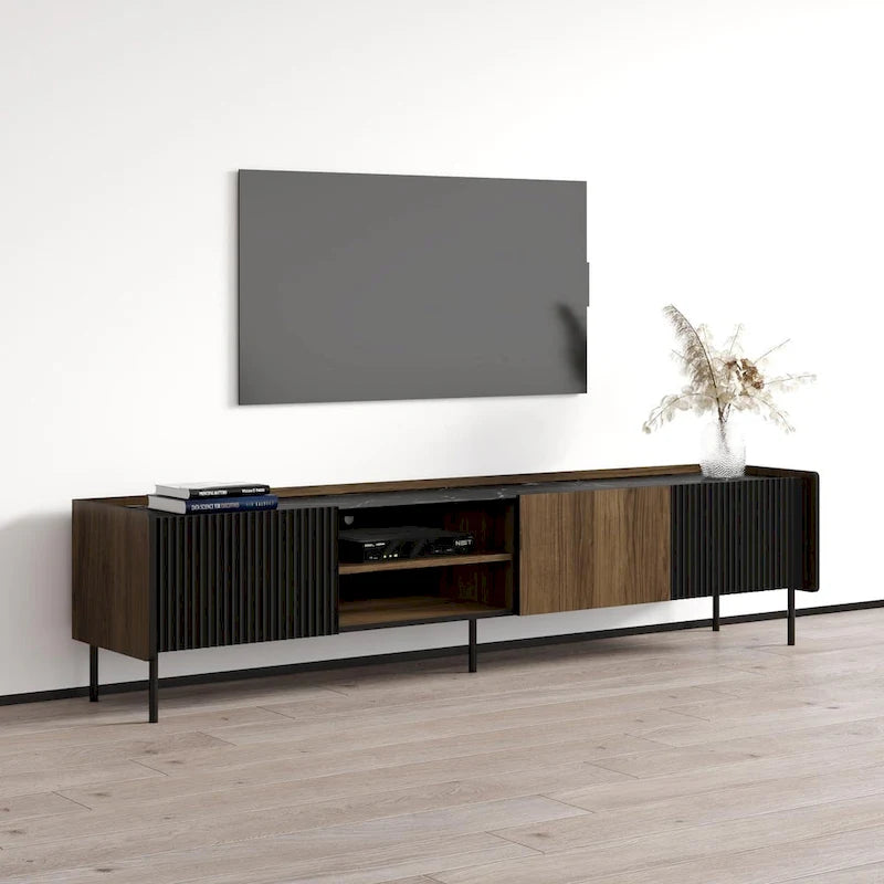 Meuble TV 3D mat Noyer et Noir – Convient aux téléviseurs jusqu'à 85 po