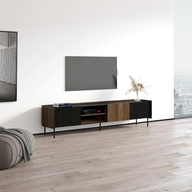 Meuble TV 3D mat Noyer et Noir – Convient aux téléviseurs jusqu'à 85 po