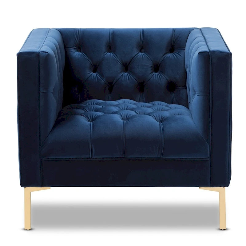 Fauteuil de salon capitonné en velours bleu/gris avec pieds dorés – 1 place