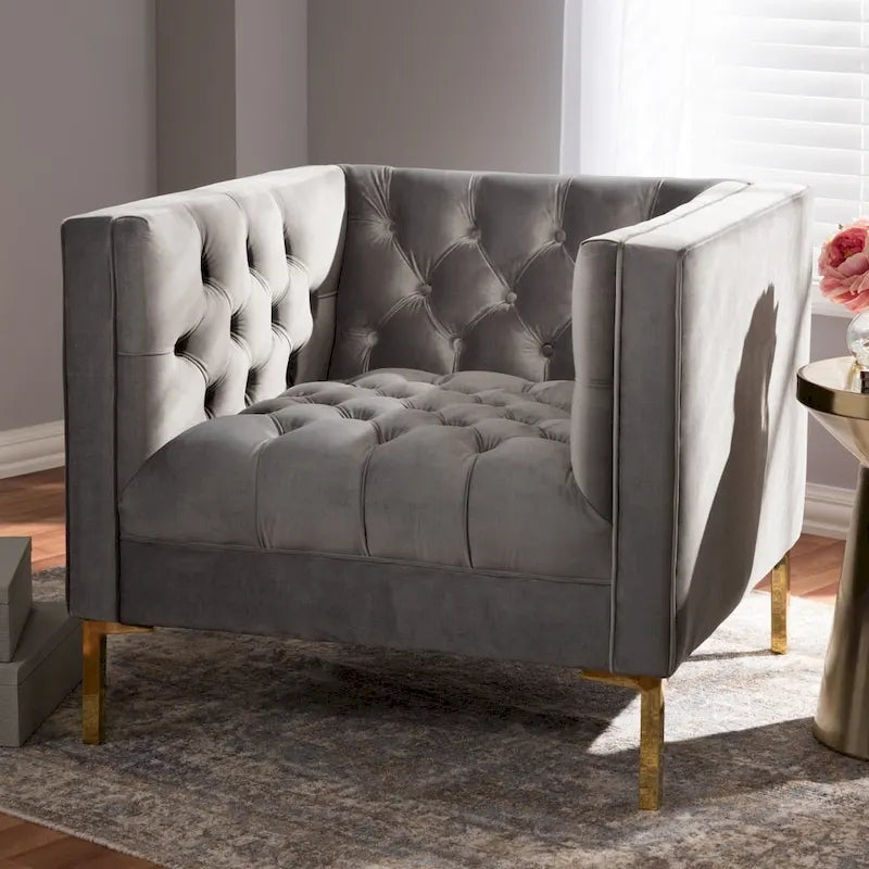 Glam Velvet and Gold Finished Lounge Chair