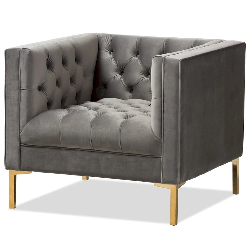 Fauteuil de salon capitonné en velours bleu/gris avec pieds dorés – 1 place