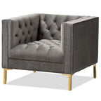 Fauteuil de salon capitonné en velours bleu/gris avec pieds dorés – 1 place
