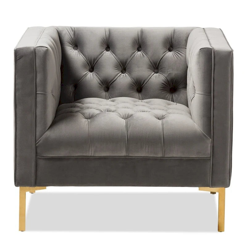 Fauteuil de salon capitonné en velours bleu/gris avec pieds dorés – 1 place