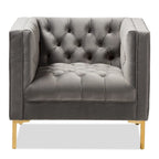 Fauteuil de salon capitonné en velours bleu/gris avec pieds dorés – 1 place