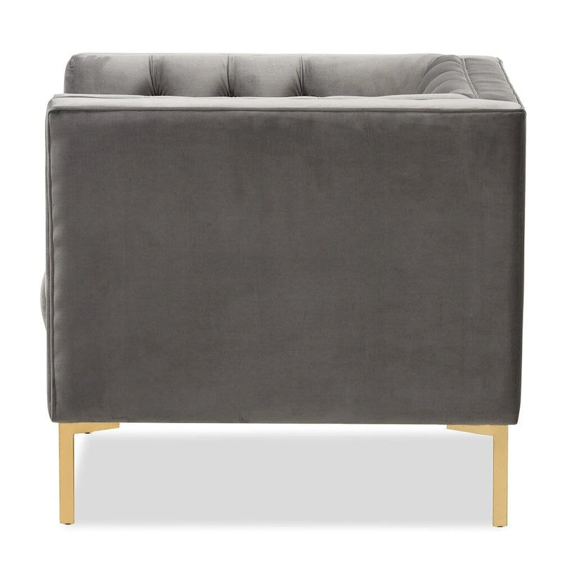 Fauteuil de salon capitonné en velours bleu/gris avec pieds dorés – 1 place