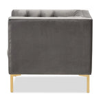 Fauteuil de salon capitonné en velours bleu/gris avec pieds dorés – 1 place
