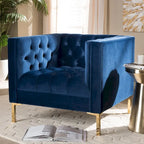 Fauteuil de salon capitonné en velours bleu/gris avec pieds dorés – 1 place