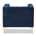 Fauteuil de salon capitonné en velours bleu/gris avec pieds dorés – 1 place