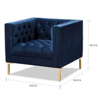 Fauteuil de salon capitonné en velours bleu/gris avec pieds dorés – 1 place