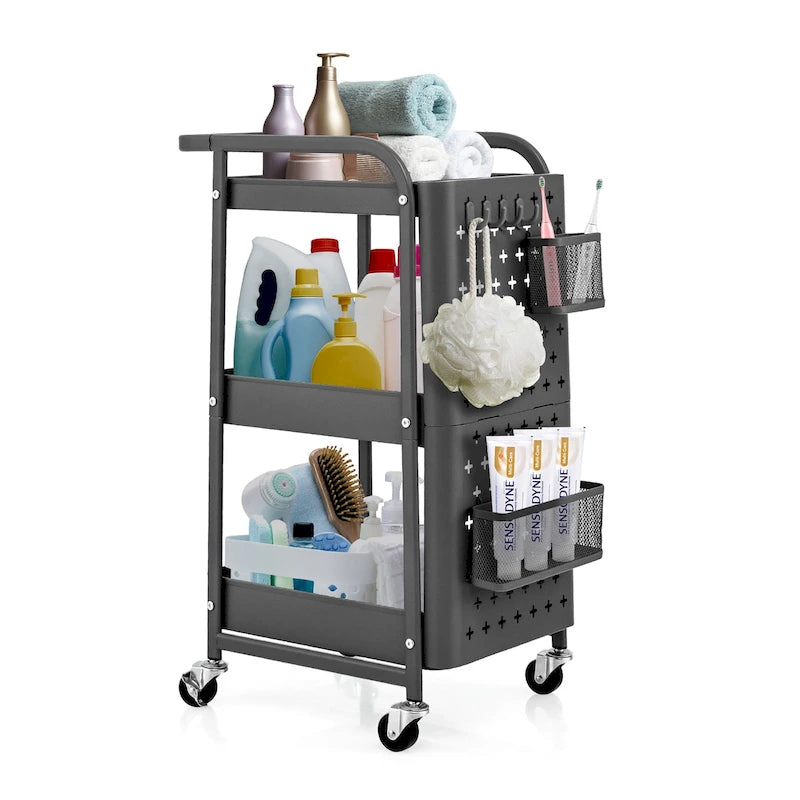 Chariot de service roulant à 3 niveaux en acier au carbone gris/blanc avec panneaux perforés et roulettes verrouillables – Simple