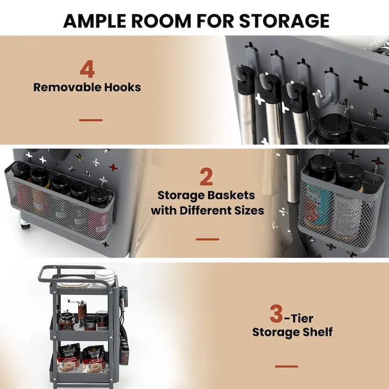 Chariot de service roulant à 3 niveaux en acier au carbone gris/blanc avec panneaux perforés et roulettes verrouillables – Simple