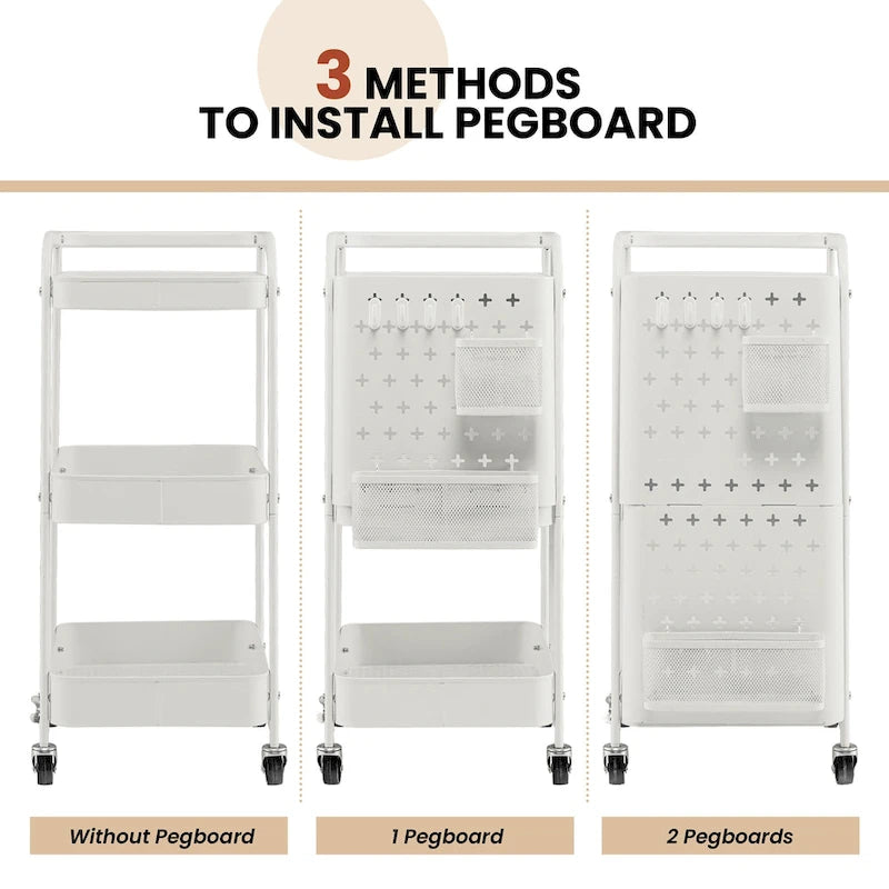 Chariot de service roulant à 3 niveaux en acier au carbone gris/blanc avec panneaux perforés et roulettes verrouillables – Simple