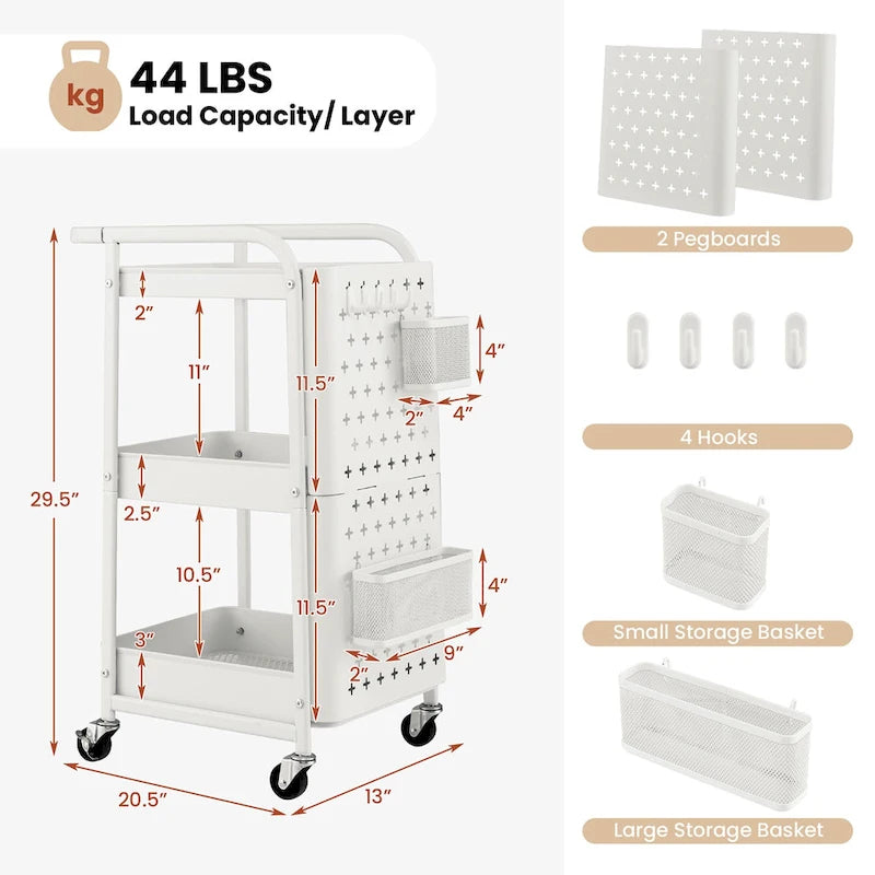 Chariot de service roulant à 3 niveaux en acier au carbone gris/blanc avec panneaux perforés et roulettes verrouillables – Simple