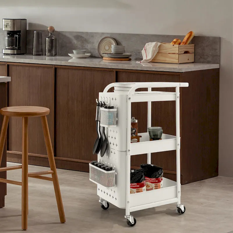Chariot de service roulant à 3 niveaux en acier au carbone gris/blanc avec panneaux perforés et roulettes verrouillables – Simple