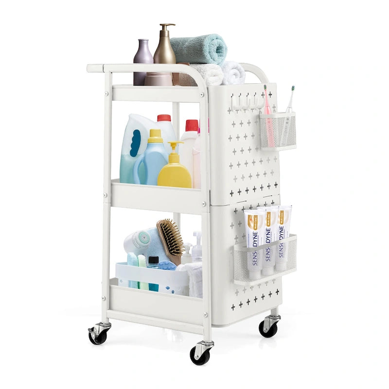 Chariot de service roulant à 3 niveaux en acier au carbone gris/blanc avec panneaux perforés et roulettes verrouillables – Simple