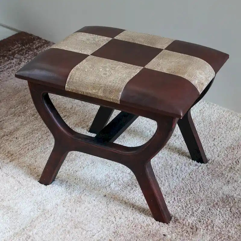 Tabouret de coiffeuse rectangulaire pour 1 personne en similicuir beige/noir/marron avec pieds en bois