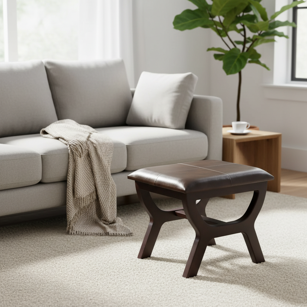 Tabouret de coiffeuse rectangulaire pour 1 personne en similicuir beige/noir/marron avec pieds en bois