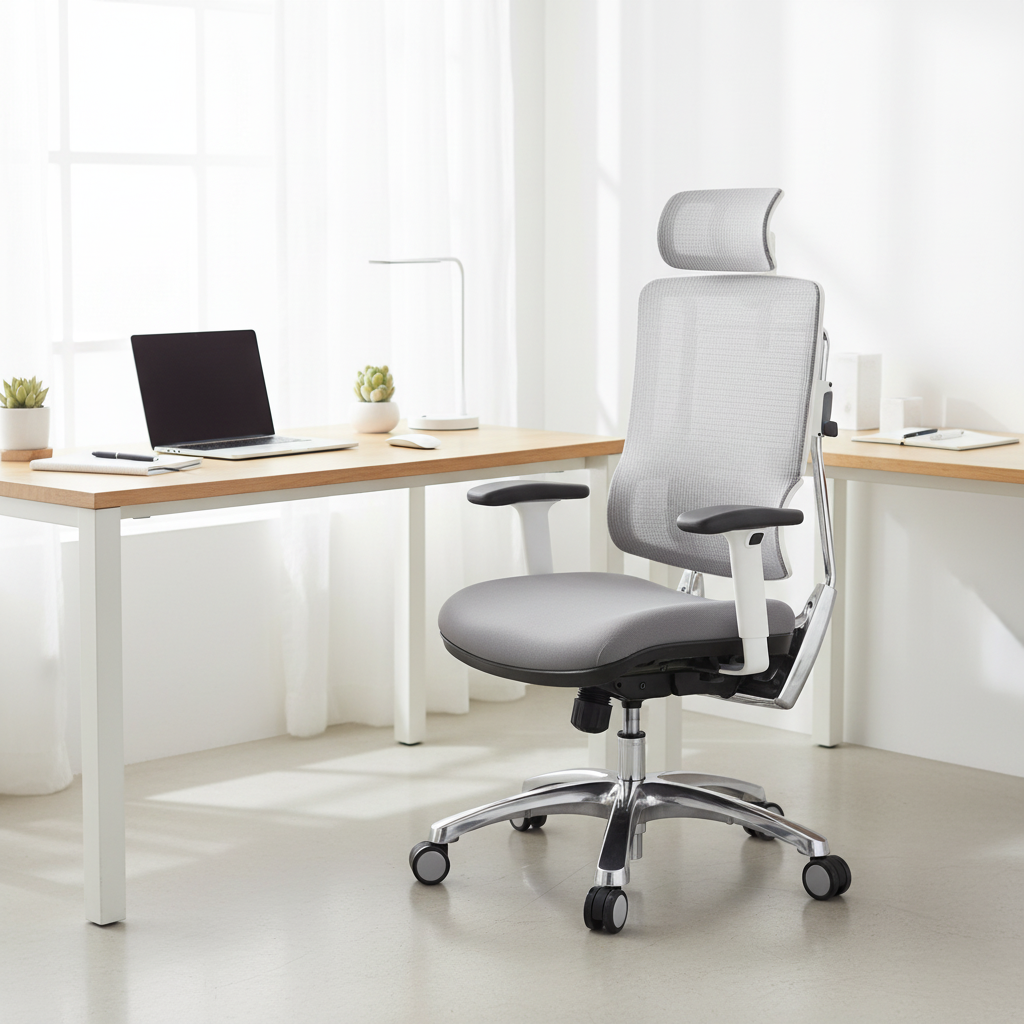 Chaise de bureau grise en maille respirante avec support lombaire réglable et appui-tête – 1 personne
