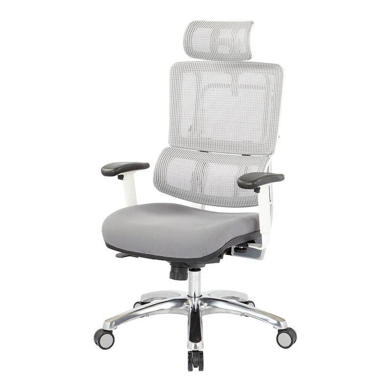 Chaise de bureau grise en maille respirante avec support lombaire réglable et appui-tête – 1 personne