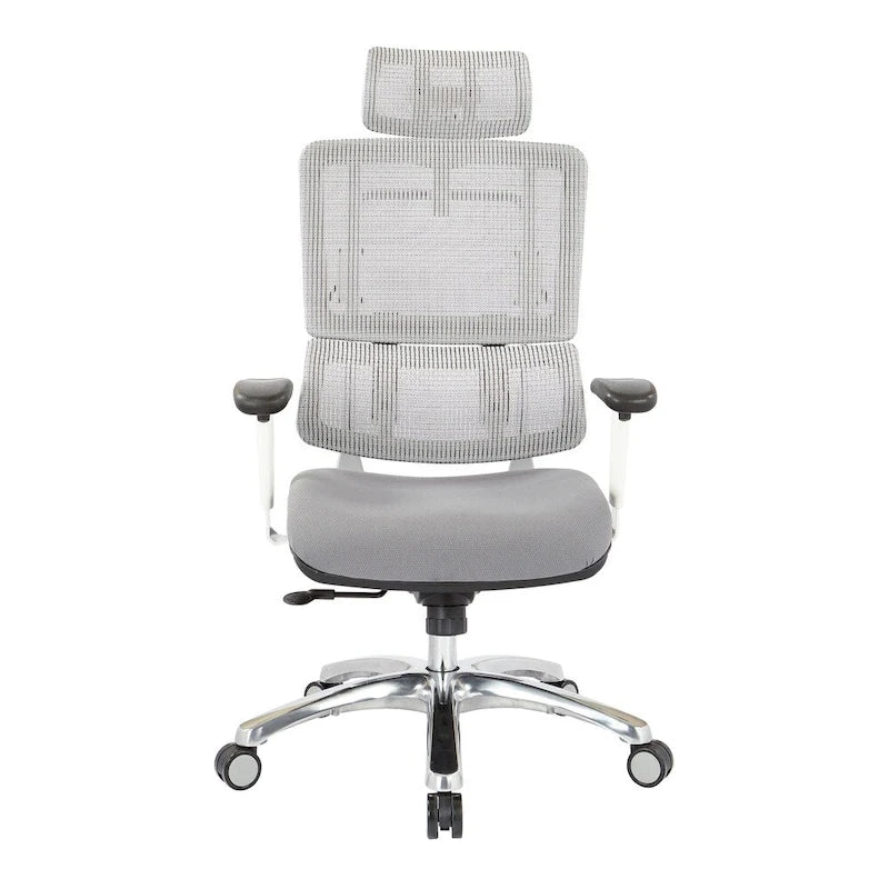 Chaise de bureau grise en maille respirante avec support lombaire réglable et appui-tête – 1 personne