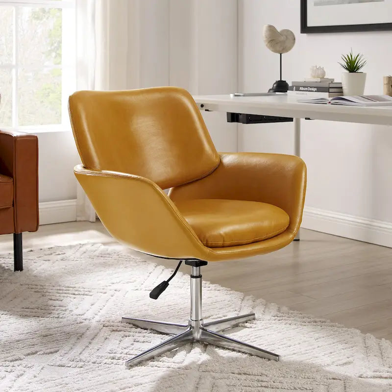 Fauteuil pivotant d'appoint en cuir de vachette orange/marron avec base chromée, gris/vert foncé/blanc cassé/bleu foncé – 1 personne