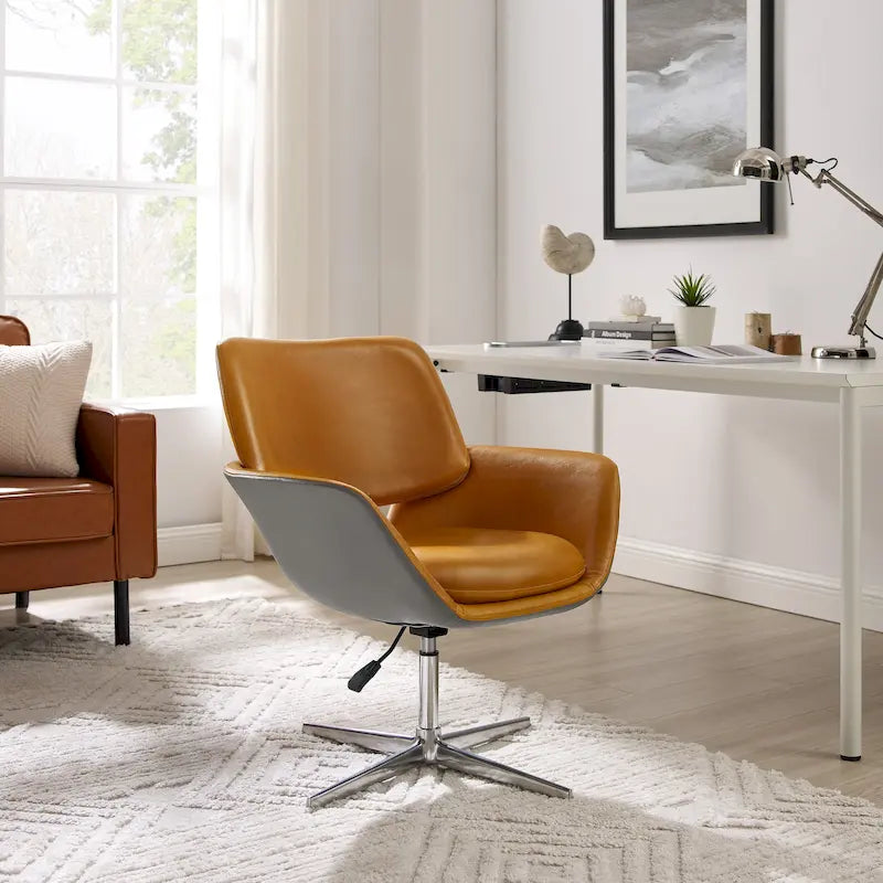 Fauteuil pivotant d'appoint en cuir de vachette orange/marron avec base chromée, gris/vert foncé/blanc cassé/bleu foncé – 1 personne
