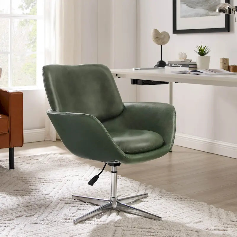 Fauteuil pivotant d'appoint en cuir de vachette orange/marron avec base chromée, gris/vert foncé/blanc cassé/bleu foncé – 1 personne