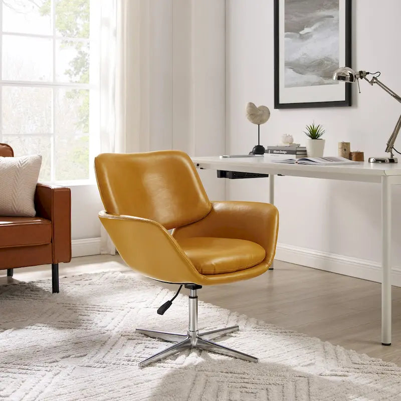 Fauteuil pivotant d'appoint en cuir de vachette orange/marron avec base chromée, gris/vert foncé/blanc cassé/bleu foncé – 1 personne
