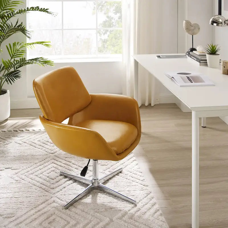 Fauteuil pivotant d'appoint en cuir de vachette orange/marron avec base chromée, gris/vert foncé/blanc cassé/bleu foncé – 1 personne