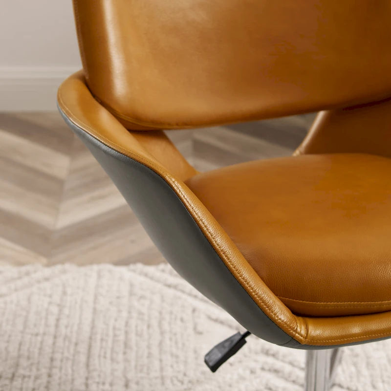 Fauteuil pivotant d'appoint en cuir de vachette orange/marron avec base chromée, gris/vert foncé/blanc cassé/bleu foncé – 1 personne
