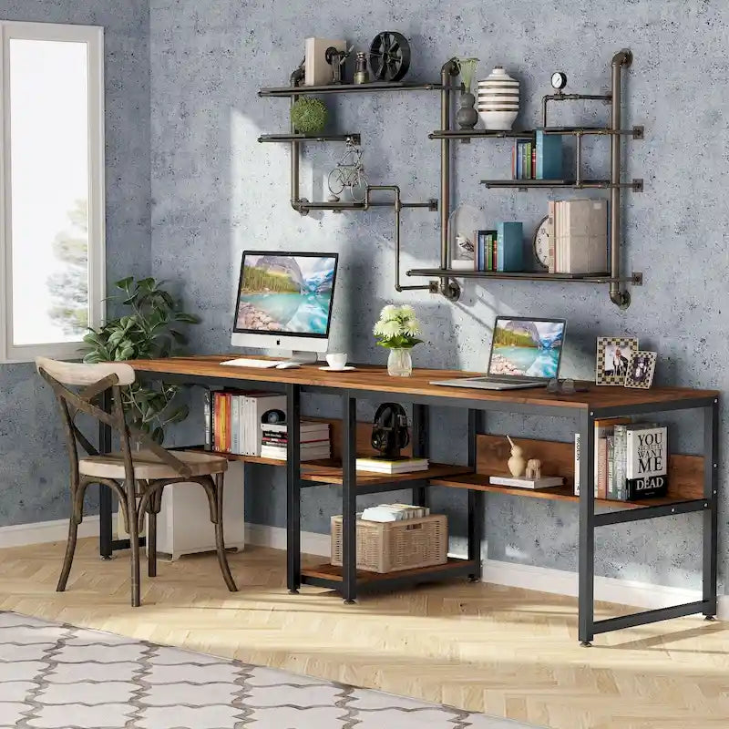 Bureau double pour ordinateur avec étagère 200 cm marron / noir / blanc – 2 personnes