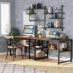 Bureau double pour ordinateur avec étagère 200 cm marron / noir / blanc – 2 personnes